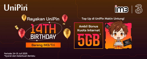 Dapatkan Kuota Internet 5GB Edisi #UniPin14Birthday dengan Top Up Pakai Pulsa IM3/Tri!